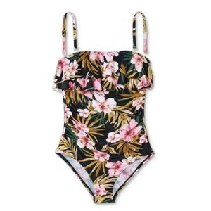 Kona Sol Black and Pink One Piece Swimsuit with Ruffle Detail Size L